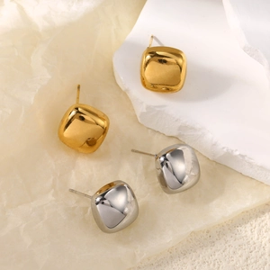 Minimalist square geometric stud earrings in polished gold and silver stainless steel