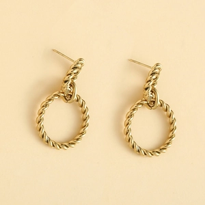 Elegant gold twisted rope hoop earrings with minimalist double-circle design in titanium steel