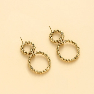 Golden twisted rope double circle hoop earrings with vintage minimalist design
