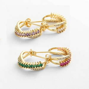 Gold hoop earrings featuring emerald and pink cubic zirconia in a rectangular cut design