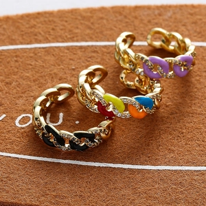Adjustable gold chain ring with colorful enamel inlay and sparkling zircon accents