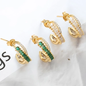 Copper C-Shaped Hoop Earrings For Women 14K Gold Plated Baguette Colorful Cubic Zirconia Geometric Pave Elegant Trendy