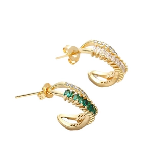 Chic gold plated copper earrings set with emerald green and white zircon stones