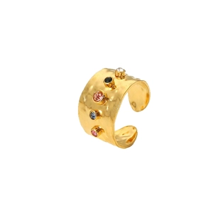 Gold-plated stainless steel wide open ring with colorful zircons and hammered texture