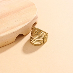 Modern gold-plated stainless steel multi-layer wide ring with textured striped design
