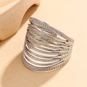 Multi-layer silver stainless steel ring with stacked smooth and beaded textured bands