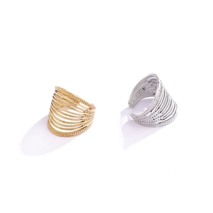 Detail of multi-layer gold and silver stainless steel rings with beaded edge texture