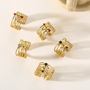 Golden layered crossover rings with metallic beads and colorful stones in five variants