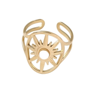 Gold hollow oval starburst wide open ring in stainless steel with adjustable bohemian style