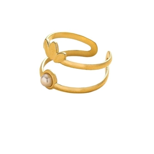 Golden double-layer crown ring with butterfly design and pearl in matte finish