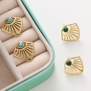 Gold hollow fan-shaped earrings with natural turquoise and malachite stone inlays