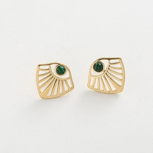 Macro view of fan-shaped gold earrings featuring malachite inlay and hollowed design