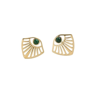 French style hollow fan-shaped earrings with gold titanium steel and green malachite