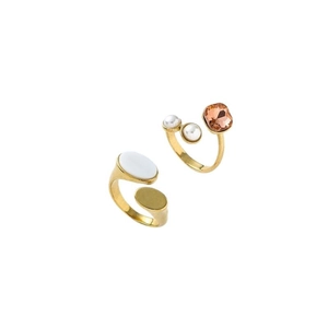 Elegant gold oval ring set with white seashell inlay and faceted gemstones