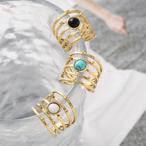 Bohemian adjustable gold-plated stainless steel ring set with natural stones and tiny beads