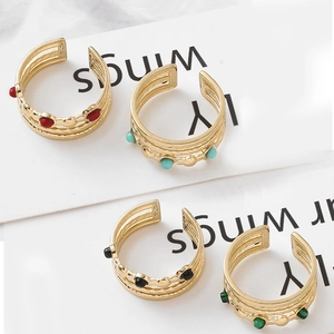 Gold multi-layer adjustable stainless steel rings set with colorful gemstone beads