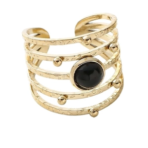Minimalist gold adjustable layered ring with black stone and handmade texture