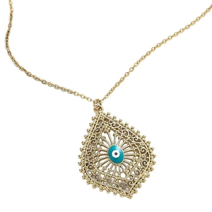 Collier bohème doré avec pendentif goutte ajouré et détail de l'œil turc bleu chic