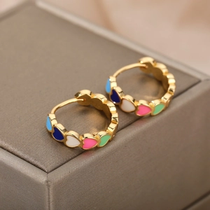 Elegant gold C-shaped hoop earrings with colorful enamel heart charms for women
