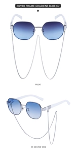 Lunettes de soleil polygonales en métal argenté avec verres dégradés bleus et chaîne