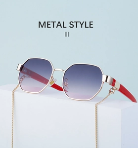 Detail of polygon sunglasses with gold metal frame, gradient lenses and detachable chain