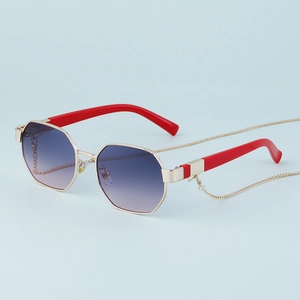 Polygon sunglasses with purple gradient lenses, red temples, and a gold hanging chain