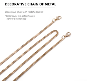 Detailed view of the bright golden metal chain accessory featuring lobster clasps on ends