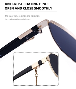 Detail of rust-resistant metal hinges and chain connector on polygon sunglasses