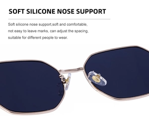 Detail of adjustable soft silicone nose pads on polygonal gold metal sunglasses