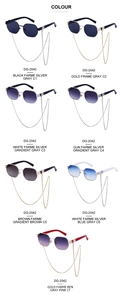 Polygonal sunglasses with metal chains in diverse frame colors and gradient lenses
