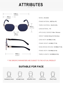 Detailed size and material specification chart for polygon metal frame sunglasses