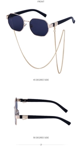 Polygonal sunglasses detail showing front and side views with elegant gold metal chain