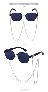 Detailed view of polygon sunglasses with silver chains and dark gray lenses from two angles