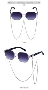 Front and 45-degree side views of silver polygonal sunglasses with gradient lenses and chain