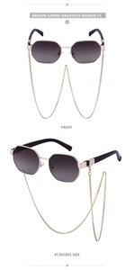 Octagonal gold metal sunglasses with gradient brown lenses and detachable chain link