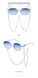 Close-up of polygon sunglasses with silver metal frame and white temples plus silver chain
