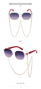 Detail of polygonal sunglasses with gold chain and purple gradient lenses on white background