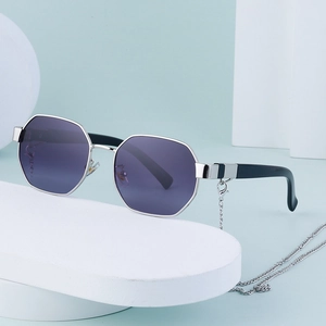 Octagonal silver metal sunglasses with purple gradient lenses and decorative chain