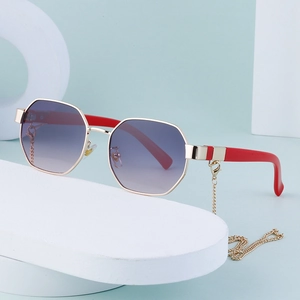 Polygon gold metal sunglasses with purple gradient lenses and red temples with gold chains