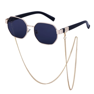 Polygonal sunglasses for women with gold chain and black hexagonal metal frames