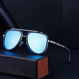 Classic silver aviator sunglasses with blue mirrored lenses and a black leather case