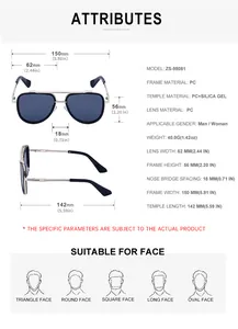 Detailed size chart for vintage pilot sunglasses with frame width and lens dimensions