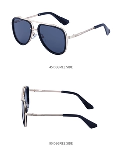 Detailed views of double-bridge aviator sunglasses with black and gold frames