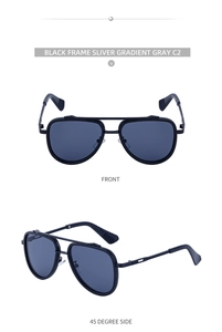 Front and side view of classic black metal pilot sunglasses with silver gradient lenses