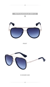Front and 45-degree side views of matte black aviator sunglasses with blue gradient lenses