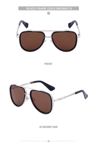 Front and 45-degree side view of vintage aviator sunglasses with gold frames and brown lenses