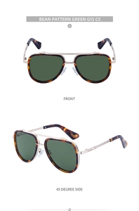 Front and side view of vintage double bridge pilot sunglasses with bean pattern gold frames