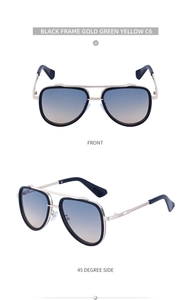 Detail of vintage aviator sunglasses with black frame and blue-yellow gradient lenses