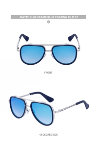 Detail of matte blue pilot sunglasses with dual bridges and blue coated lenses
