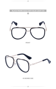 Front and side view of pilot frame glasses with black and gold metallic accents